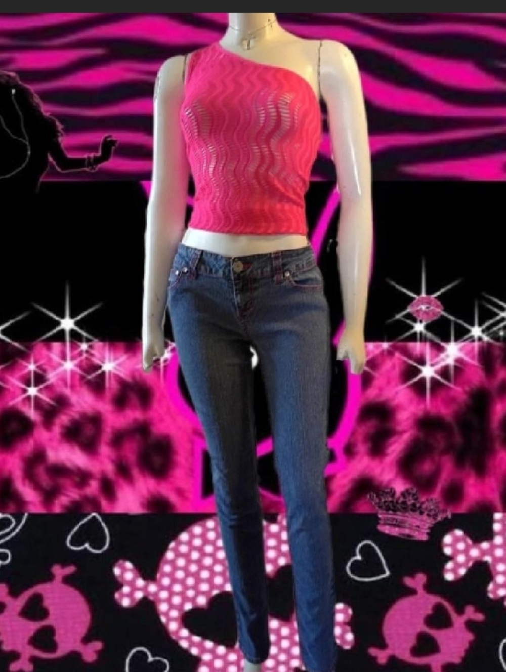 Y2K Almost famous Sz 7 blue denim stretch low rise skinny jeans W/hot pink trim